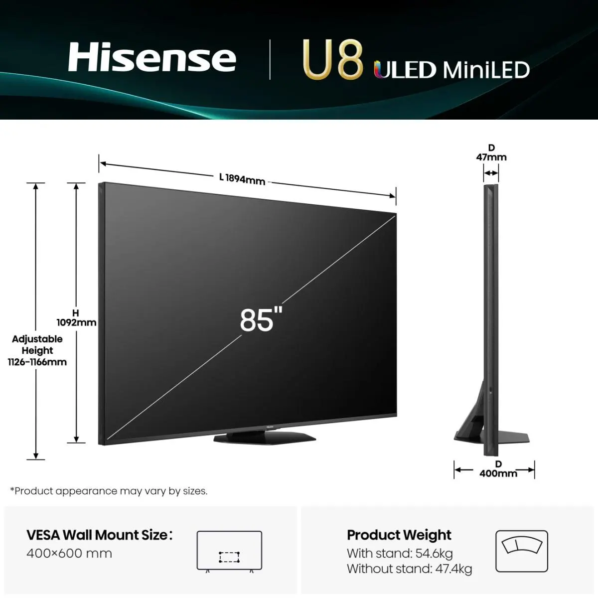 Hisense ULED MiniLED pametni televizor s 165Hz igranjem, 85-palčni 85U8Q